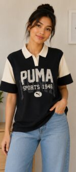 Women's Black & White Colorblock Printed Polo T-Shirt