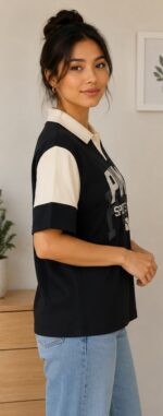 Women's Black & White Colorblock Printed Polo T-Shirt - Image 2