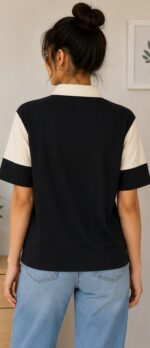 Women's Black & White Colorblock Printed Polo T-Shirt - Image 3