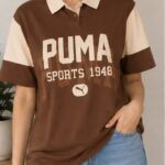 Women's Brown & Beige Colorblock Printed Polo T-Shirt
