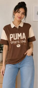 Women's Brown & Beige Colorblock Printed Polo T-Shirt