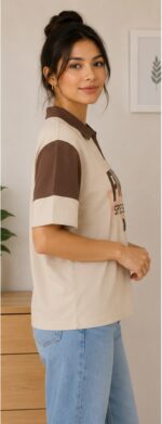 Women's Beige & Brown Colorblock Printed Polo T-Shirt - Image 2