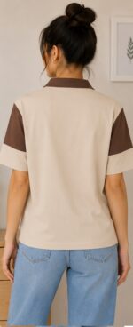 Women's Beige & Brown Colorblock Printed Polo T-Shirt - Image 3