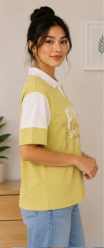 Women's Lime Green & White Colorblock Printed Polo T-Shirt - Image 3