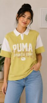 Women's Lime Green & White Colorblock Printed Polo T-Shirt