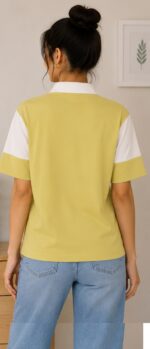 Women's Lime Green & White Colorblock Printed Polo T-Shirt - Image 2