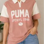 Women's Dusty Pink & White Colorblock Printed Polo T-Shirt