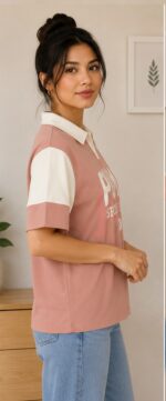 Women's Dusty Pink & White Colorblock Printed Polo T-Shirt - Image 3