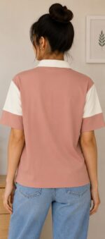 Women's Dusty Pink & White Colorblock Printed Polo T-Shirt - Image 2