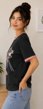 Women's Black Graphic Printed Round Neck T-Shirt - Image 3
