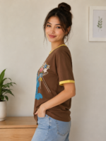 Women's Brown Graphic Printed Round Neck T-Shirt - Image 2